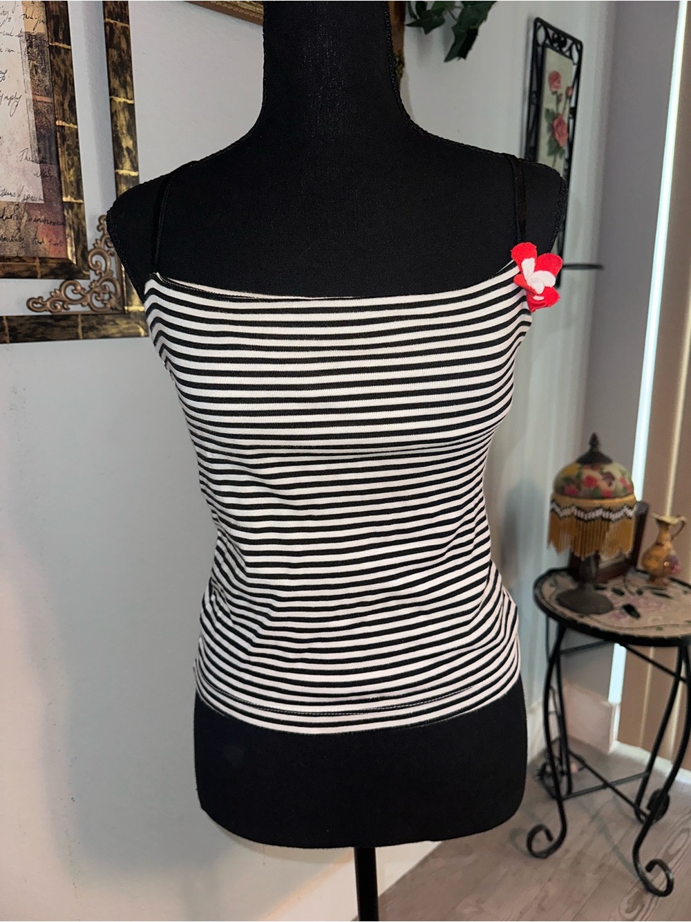 Vintage Y2K Martina diTrento Black & White Striped Cami Tank Top with Flower, S